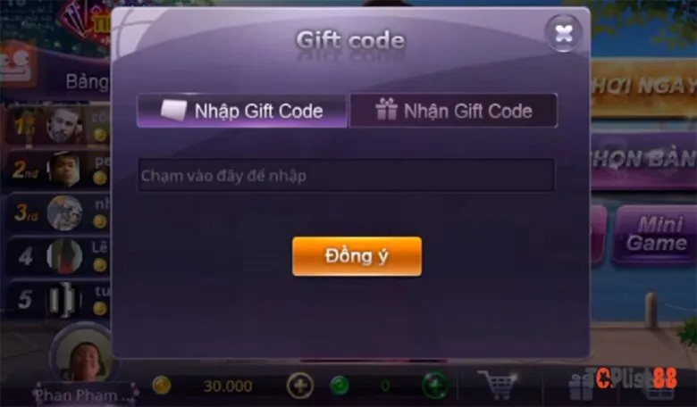 Nhập mã code vào ô và nhấn Đồng Ý